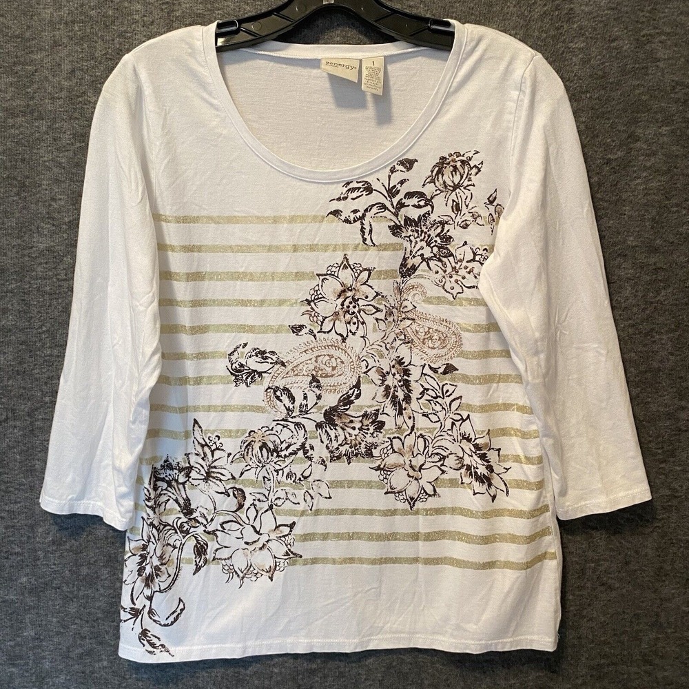 Chicos Zenergy Top Womens 1 Medium White Sequin Floral Modal Tee‎ Shirt Coastal